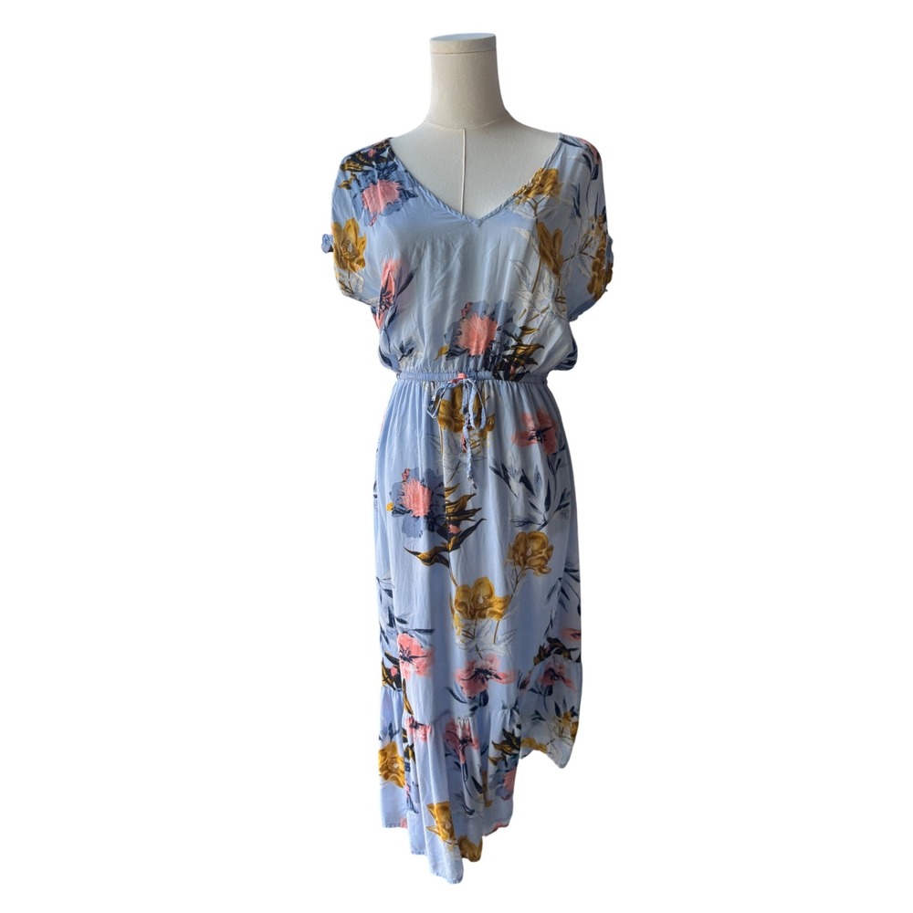 Floral Midi Dress Large Blue V-Neck Flutter Sleeve Boho Casual